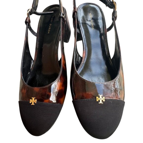 TORY BURCH Women's Size 8 Cap Toe Slingback Pump In Tortoise Patent / Black - Picture 4 of 13